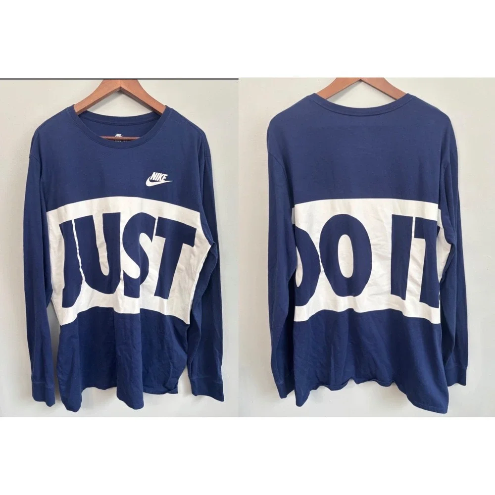 Nike Mens XXL‎ T Shirt Just Do It Long Sleeve Navy Blue Graphic Front & Back